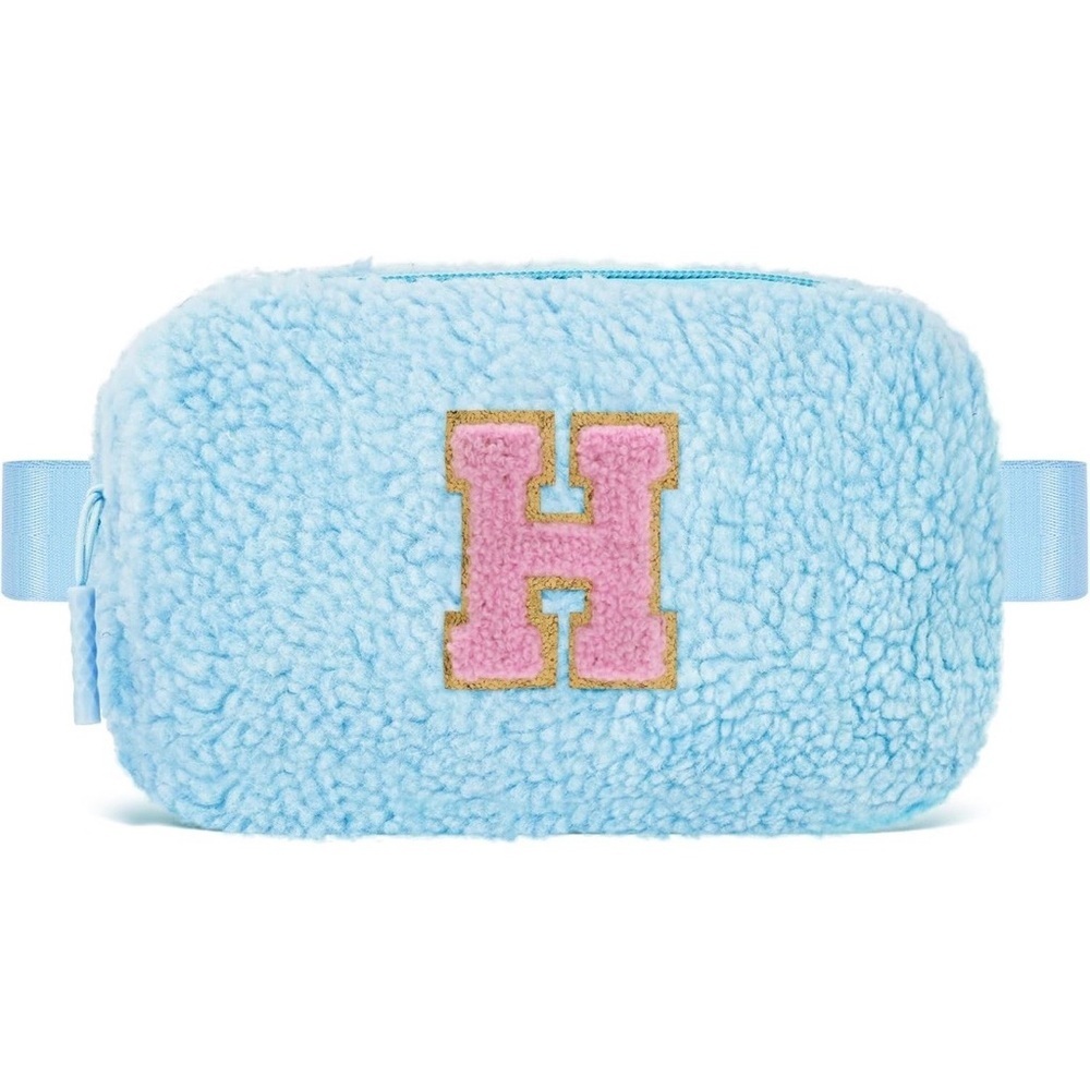 Fluffy Blue Kids Pouch with Pink Initial H